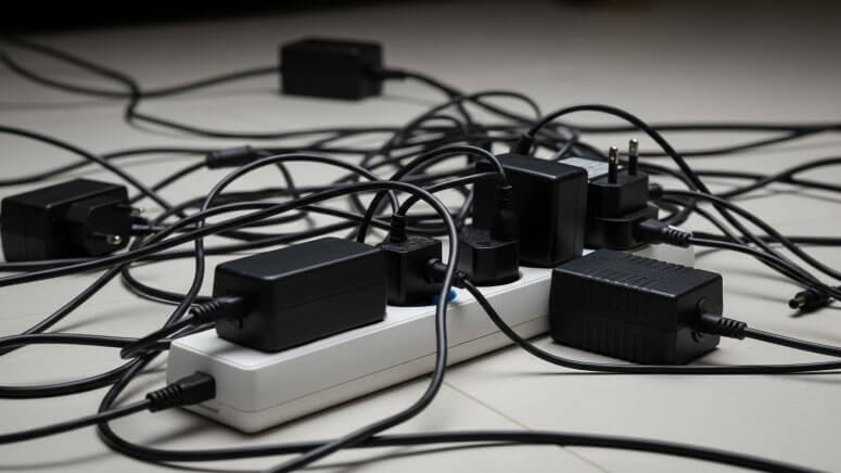 1つの電源タップに大量のアダプタが接続され、ケーブルが複雑に絡み合った危険なタコ足配線の例。