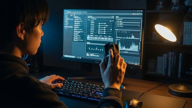 ゲーミングPCの設定画面を操作するためにマウスを握る手元
