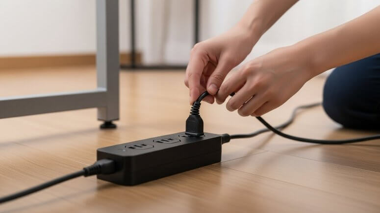 デスクの下で高品質な電源タップを設置し、安全な電源環境を整えている様子。