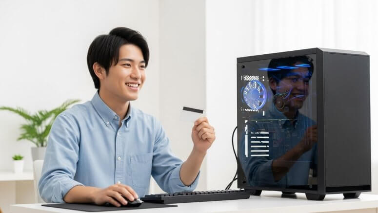 新しいゲーミングPCを賢く購入し満足そうな笑顔の大学生