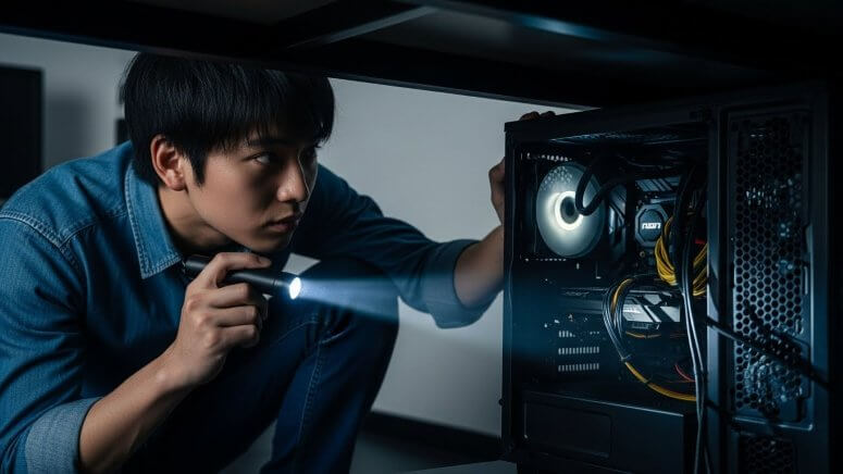 暗いデスクの下でPCの配線をライトで照らして点検する様子