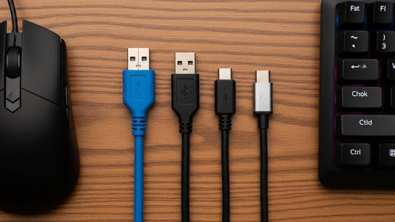 デスク上に並べられた異なる種類のUSBケーブル（青色、黒色、Type-C）の比較写真