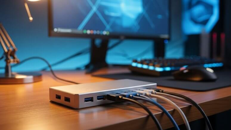 デスク上に設置されたスタイリッシュなUSBハブと配線
