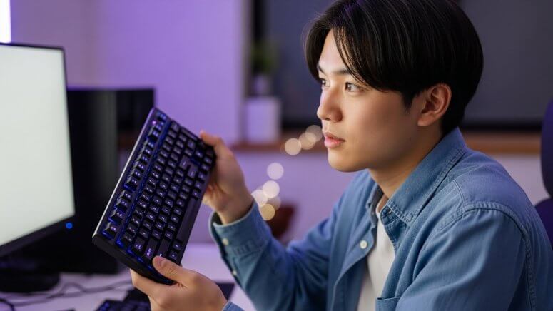 自分のデスクで新しいゲーミングキーボードを手に取り、スペックやデザインを確認している日本人学生