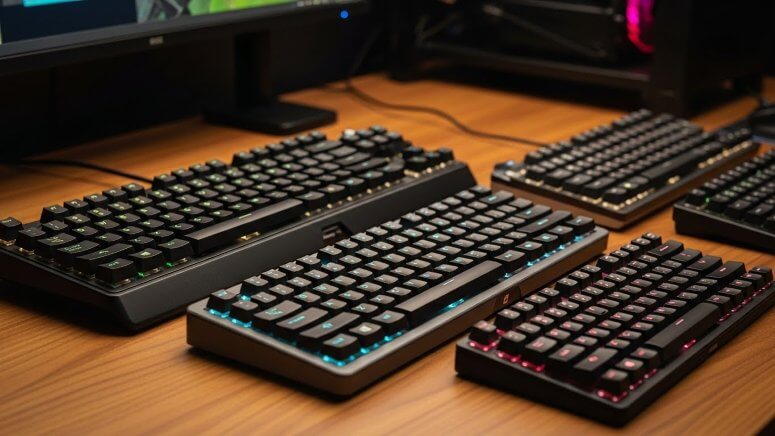 デスク上に比較のために並べられた様々な種類のゲーミングキーボード