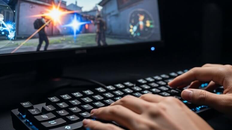 FPSゲームプレイ中の高性能有線ゲーミングキーボードのクローズアップ