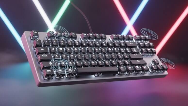 スイッチ構造が見えるメカニカル方式のゲーミングキーボード。普通のキーボードとは異なる構造と性能、RGBライティングを象徴するイメージ画像。