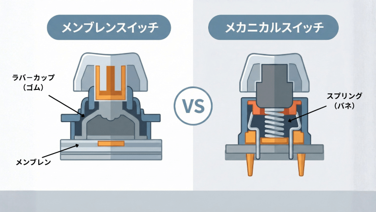 メンブレン方式とメカニカル方式の構造比較イラスト