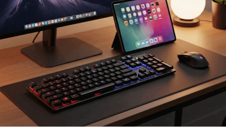 無線キーボードとiPadが並ぶ、マルチデバイス対応のデスク環境